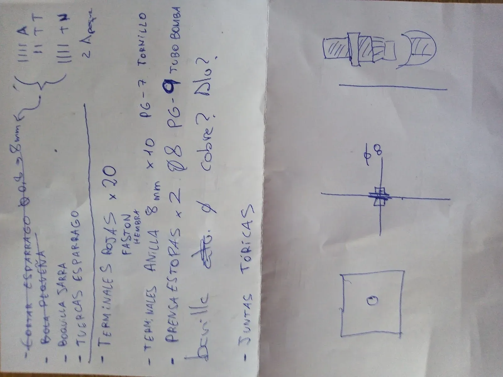 Lista de materiales manuscrita
